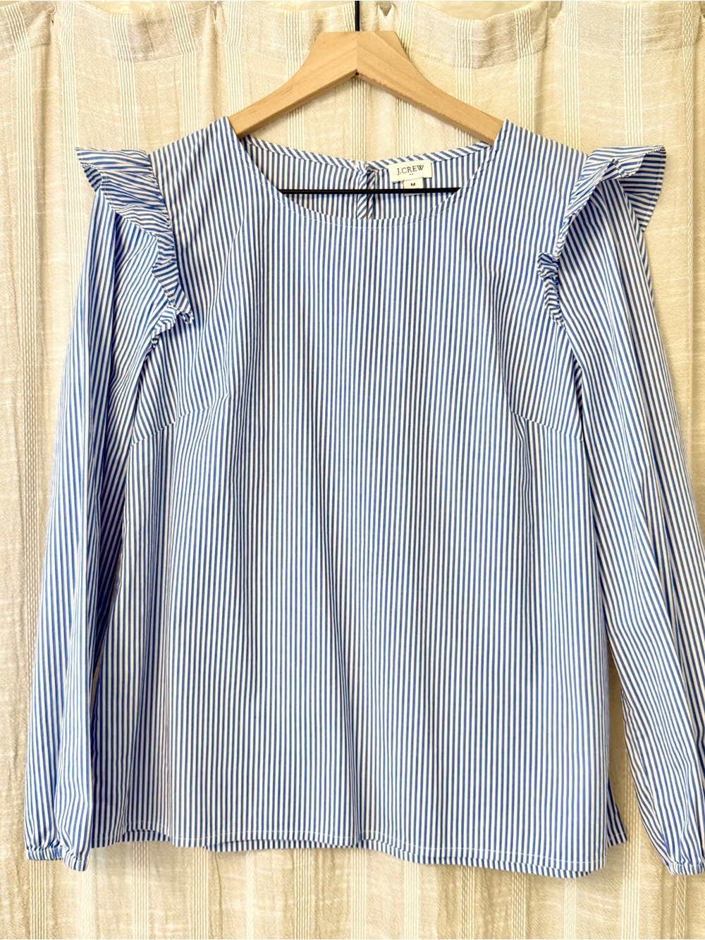 J. Crew Factory Blue White Striped Ruffle Blouse Medium